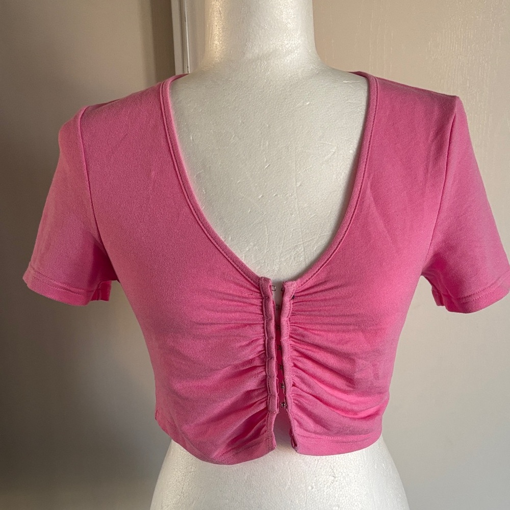 Pink Ruched V-Neck Women's Top